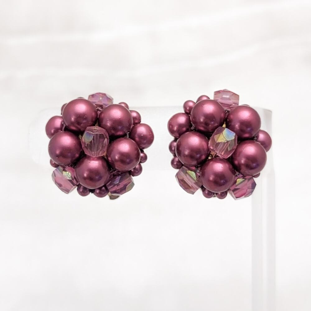 Vintage Clip On Earrings Dark Dusky Pink Cluster Earrings Statement Retro Glam